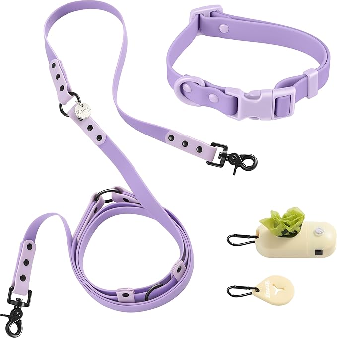 WLK1004H-5SET Luna Small 8FT Adjustable 6-in-1 Waterproof Hands-Free Leash and Collar with LED Flashlight, Bag Dispenser, and Poop Bag Holder, Bramble