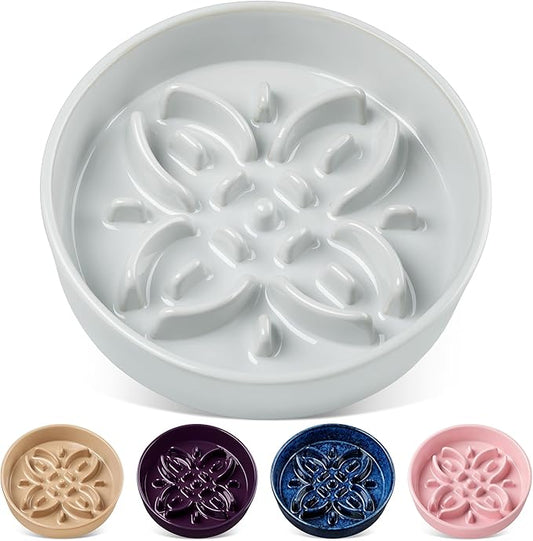vancasso Ceramic Slow Feeder Dog Bowls, Puzzle Dog Food Bowls with Floral Maze, Anti -Slip Pet Food Dish for Large Breed, 3 Cups, Grayish Cyan