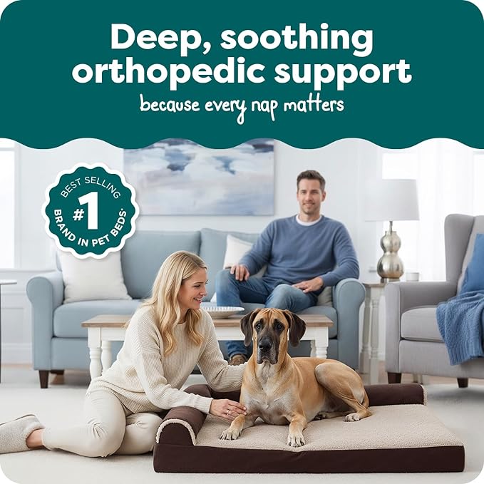 FurHaven Orthopedic Dog Bed for Large Dogs, L-Shaped Chaise Contour Mattress with Solid Orthopedic Foam Slab for Joint Support, Removable Washable Cover, Jumbo Plus XXL, Faux Fur & Suede, Espresso