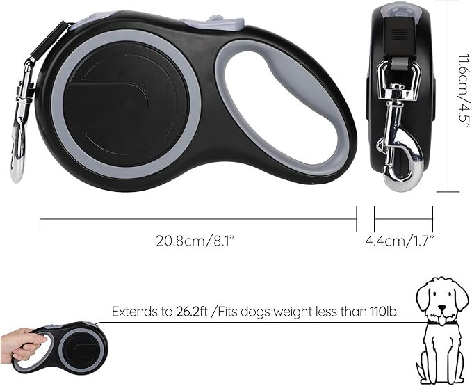 Segarty Dog Leash Retractable 26ft, Dog Leashes for Small Medium Large Pets Up to 110lbs, Heavy Duty 1 Button Break & Lock No Tangle Nylon Leads for Pet Walking & Training, Black
