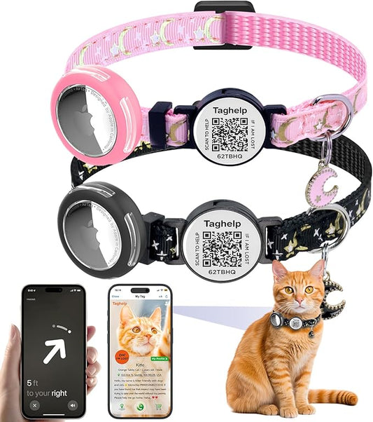 2-Pack Waterproof Breakaway Cat Collars with Moons & Stars Design - Adjustable Apple AirTag Holder & QR Code Safety Tracker for Cats & Kittens with Smart ID tag/NO APP(Black & Pink)