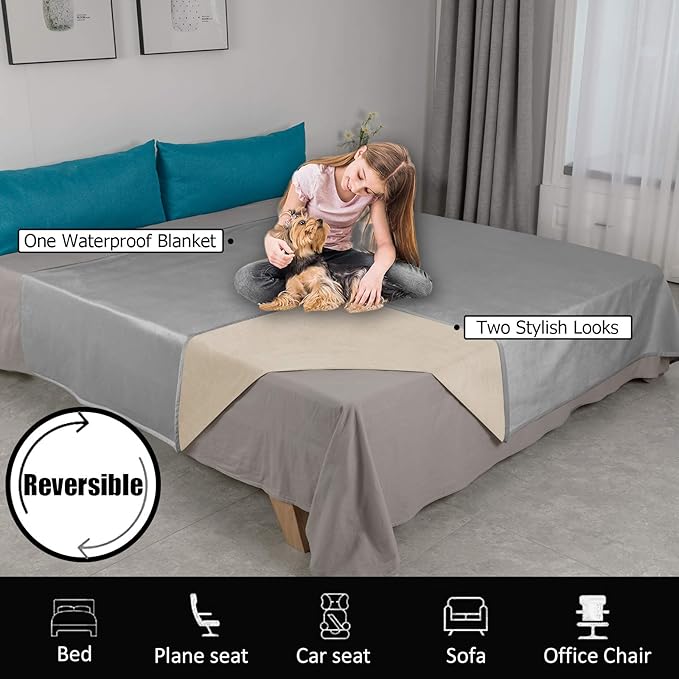 Ameritex Pet Bed Blanket Reversible 100% Waterproof Velvet Super Soft for Sofa and Bed (52x82 Inches, Light Grey+Beige)