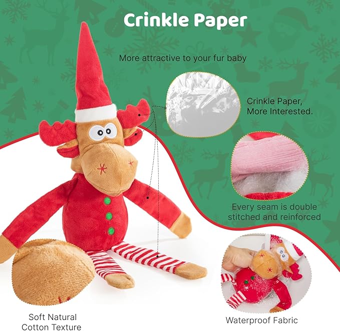 Christmas Dog Toy Reindeer Plush with Squeaker & Crinkle Paper – Holiday Squeaky Chew Toy for Small and Medium Dogs – Interactive Santa Elf Pooch on a Perch Dog Gift