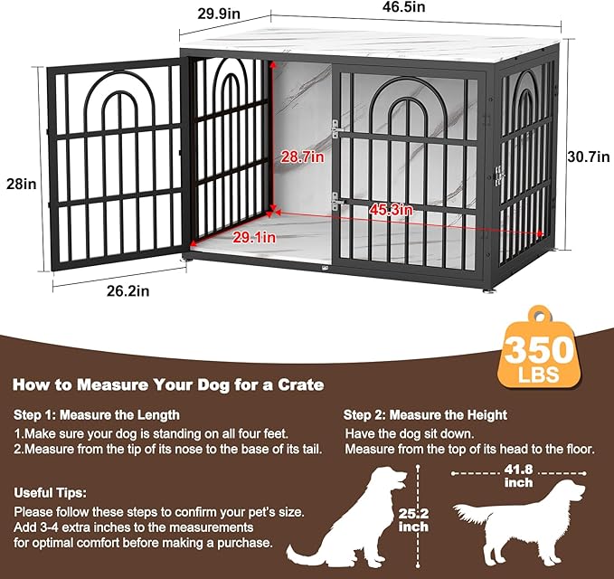 46.5" Dog Crate Furniture, Heavy Duty Dog Crates, Dog Kennel Furniture Indoor for Extra Large Dog as TV Stand, Wooden Cage End Table for Indoor, Name Tag Escape-Proof Locks & Double Door