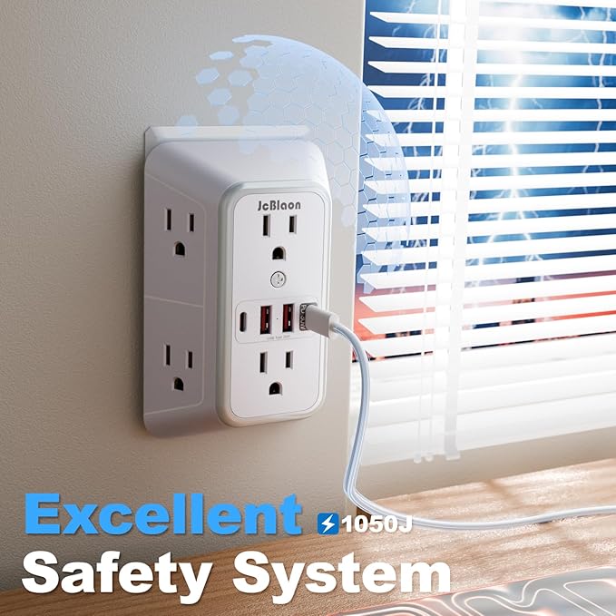 JcBlaon Surge Protector Outlet Extender 6 Outlet Extender with 4 USB Ports (PD 30W), 3 Sided 1050J Multi Plug Wall Adapter Power Strip for Home Travel Office Essentials