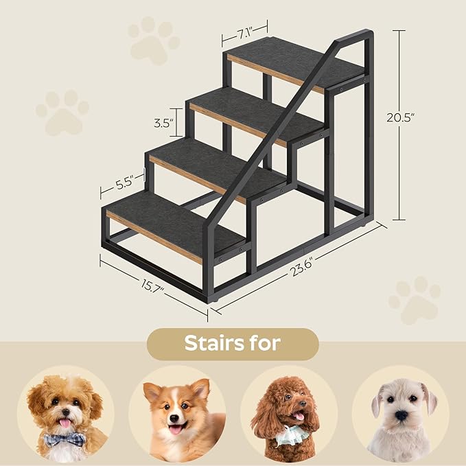Dog Stairs for Small Dogs, 4-Steps Dog Steps for High Beds and Couch, 20.5”H Pet Steps with Non-Slip, Rustic Brown and Black LT01BR