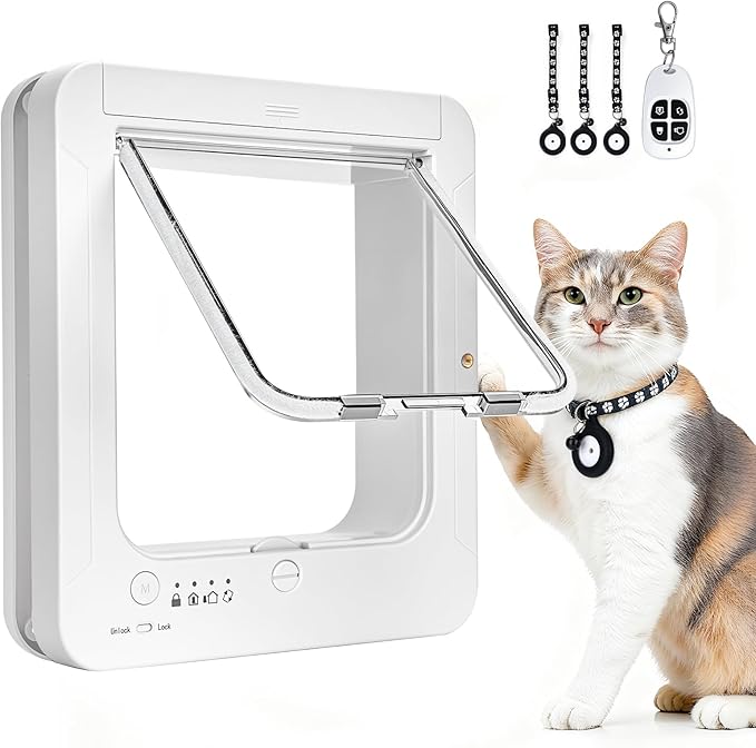 Smart Cat Door for Interior & Exterior, RFID Cat Pet Door with 3 Collar Sensor Keys & 1 Remote Control & 4 Way Locking Cat Flap with Collar Sensors Activated Opening CatDoor (White)