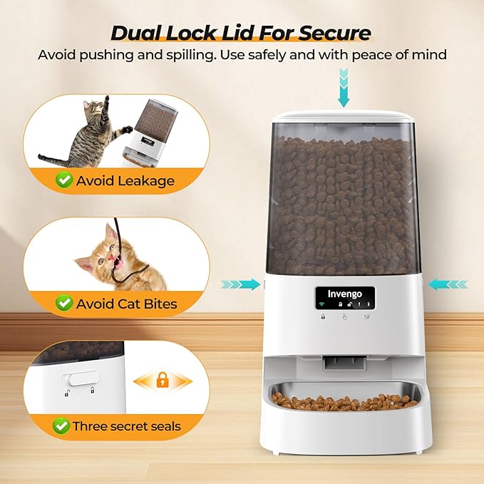 Cat Feeder Automatic - Cat Food Dispenser MeowServe S20, Auto Dog Feeder with Stainless Steel Bowl, 5L Pet Feeder with Patented Anti-Jam Port, App, Dual Lock Lid, Dual-Band WiFi & Power, White