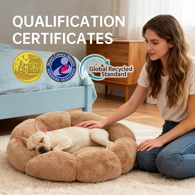 OhGeni 20 inches Calming Donut Dog & Cat Bed for Small Pets, Warming Comfort Fluffy Short Pile Fur, Durable Machine Washable Bed, Cute Round Bed for Puppy and Kitten, Camel