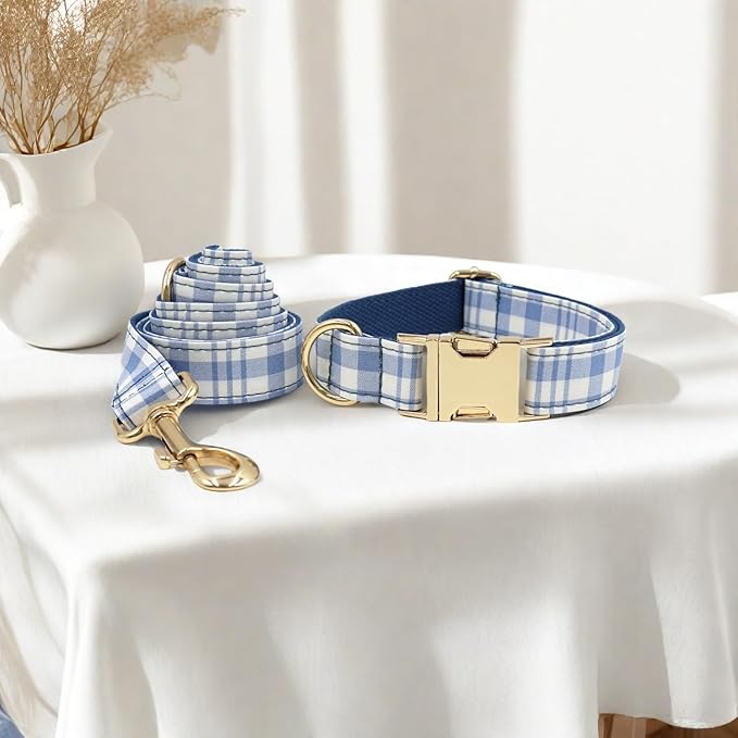 PETDURO Personalized Dog Collar Navy Blue Plaid for Large Medium Dogs | Engraved Name and Phone Number on Gold Metal Buckle for Boys | Add Leash & Bow Tie via Customize Now