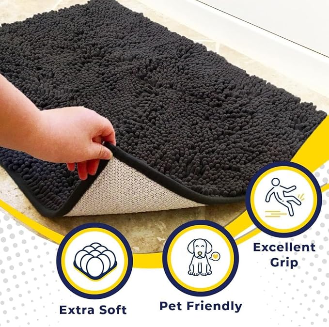 Muddy Mat® AS-SEEN-ON-TV Highly Absorbent Microfiber Door Mat and Pet Rug, Non Slip Thick Washable Area and Bath Mat Soft Chenille for Kitchen Bathroom Bedroom Indoor and Outdoor - Charcoal 24" x 72"