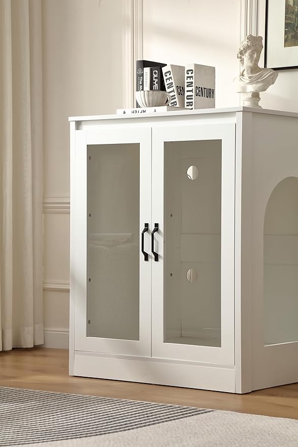 Cat Litter Enclosure with Cat-Observant Glass Doors,Litter Box Cabinet with Cozy LED for Cats,Reversible and Optional Entry(Left or Right),Power Outlet for More Choice, (White)