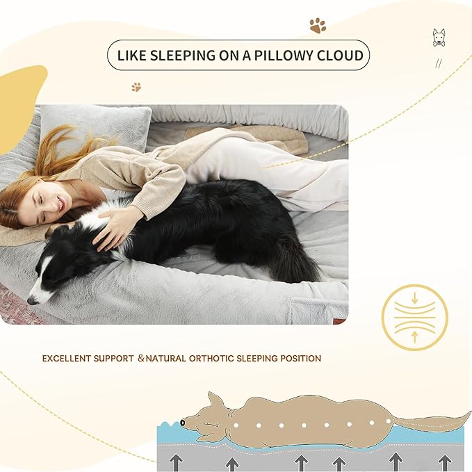 Human Dog Bed for Adults, 73"x56"x12" Washable Orthopedic Size, Faux Fur Removable, Cozy Large Present with Blanket and Pillow, Grey