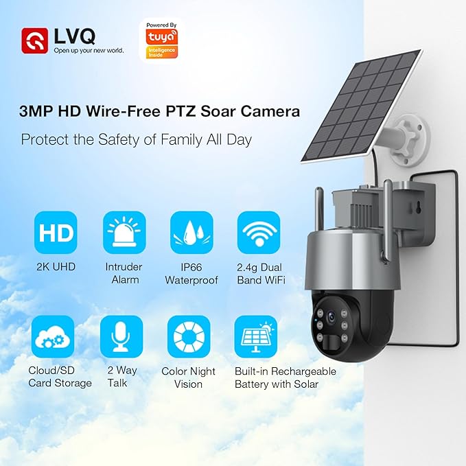 2K Tuya Solar Security Camera, 3MP Wireless Outdoor WiFi Camera w/ 360° PTZ, IP65, Battery Powered Surveillance Home Cam w/ Color Night Vision, PIR Sensor, 2-Way Audio, SD/Cloud Storage, App Alerts