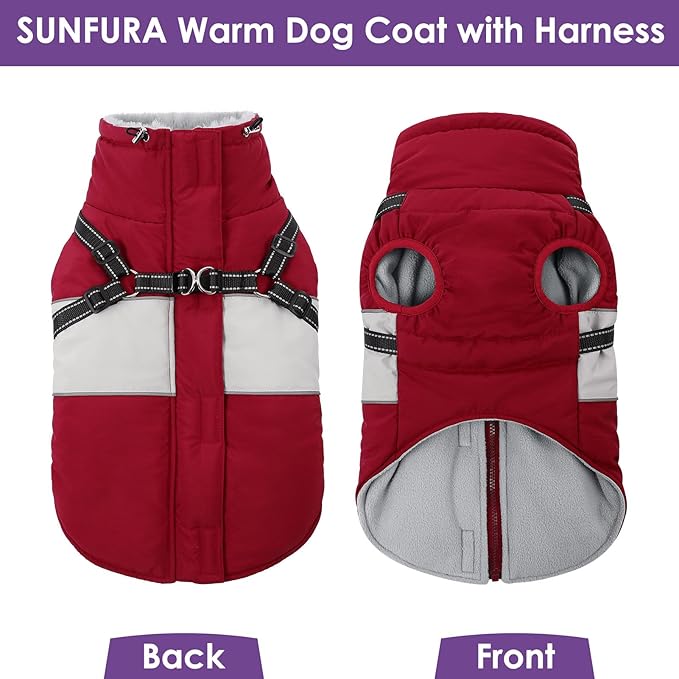 SUNFURA Dog Coat, XXXL Dog Jacket Winter with Harness Built in, Waterproof Pet Snow Jacket with Furry Collar for Chilly Day, Reflective Fleece Snowsuit for Extra Large Dogs, Burgundy 3XL