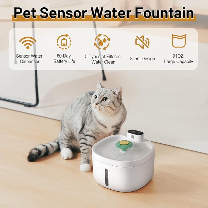 Wireless Cat Water Fountain,42000mAH Battery Operated Cordless Cat Fountain,91OZ/2.6L Automatic Pet Water Dispenser Rechargeable Drinking Fountains with Motion Sensor for Cats and Dogs
