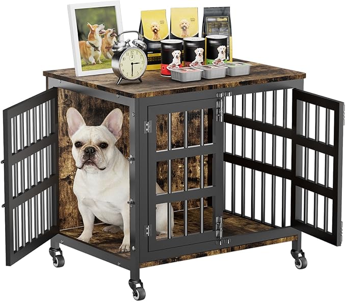 27" Dog Crate Furniture for Small Dogs, Heavy Duty Dog Cage for Small & Medium Dogs with Wheels, Indoor Puppy Crate, 26.6" L x 20.9" W x 23.8" H, Decorate House as TV Stand, End Table — Rustic Brown