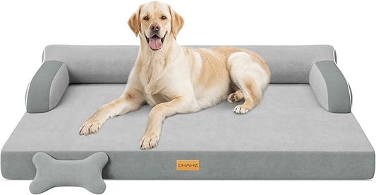 XL Plus Orthopedic Dog Bed, Big Dog Bed for Large Sized Dogs, Dual-Sided Pet Cooling Beds with Memory Foam Washable Cover Nonslip Bottom, Waterproof Pet Couch with Bolster, Light Grey