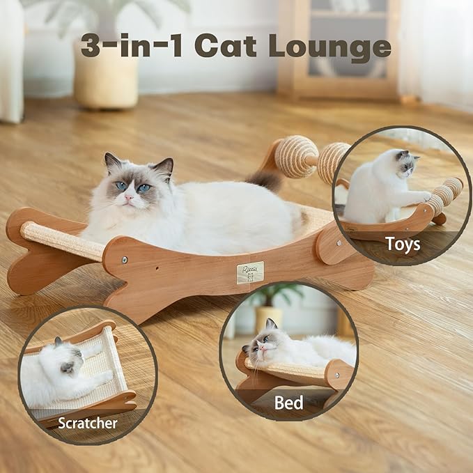 Cat Scratcher with Sisal Ball, Durable Cat Beds with Hammock for Indoor Cats, 3 in 1 Modern Cat Scratch Pad Lounger & Sleep & Scratch, Furniture Protector, Sisal Mat & 3 Play Balls