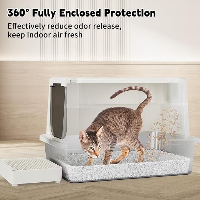 RIZZARI Stainless Steel Cat Box: Beige Leak-Proof Large Enclosed Litter Pan Indoor Odorless Tray for Multiple Cats - Teflon Non-Stick Coating - for Cats Under 20 lbs - Ideal for Laundry Room Balcony