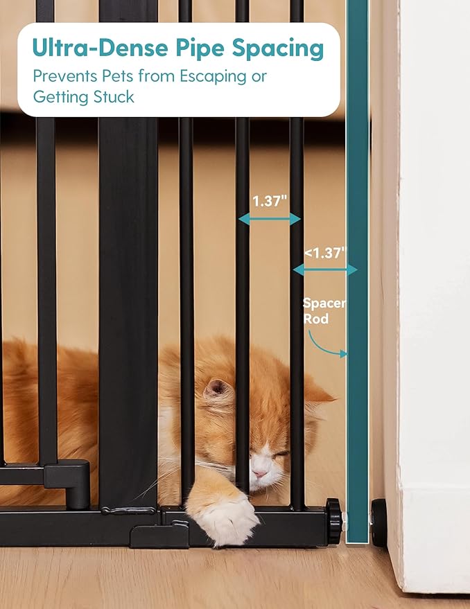 No Pawblems 55" Extra Tall Pet Gate for Cat, 29-43" Auto Close Cat Gate for Doorways/Stairs/Hallways, NO Drilling Pressure Mounted Tall Dog Gate Indoor, 1.37" Pet-Safe Gap, Black