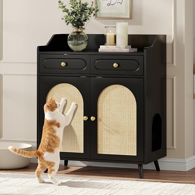 Cat Litter Box Enclosure Furniture, Wooden Hidden Litter Box Furniture with Double Rattan Scratching Board Doors, 2 Drawers, Litter Box Cabinet, Cat Cabinet, Black