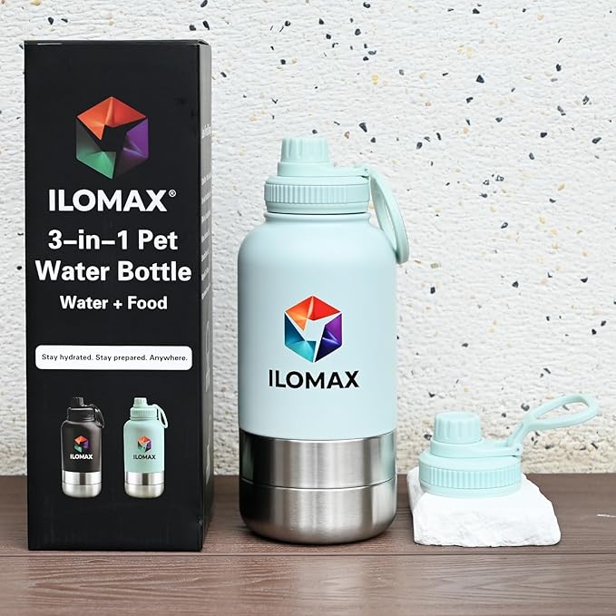 ILOMAX 3-in-1 Stainless Steel Dog Travel Water Bottle with Food & Water Bowls, Leak-Proof & Insulated, Extra Magnetic Lid, Keeps Drinks Cold 12H/Hot 6H, Portable Outdoor Hydration, 32oz (Bluish White)
