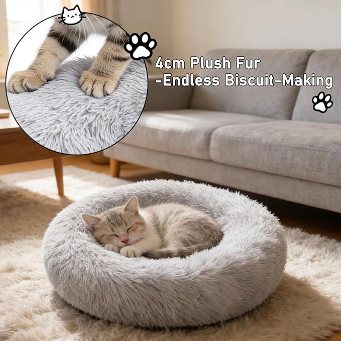 Calming Donut Dog Beds for Small Dogs Cats - Washable Removable Cover Non-Slip Bottom, Round Pet Bed Puppy Bed Warming Fluffy Faux Fur Anti-Anxiety, Fits up to 25 lbs (Light Grey, 23")