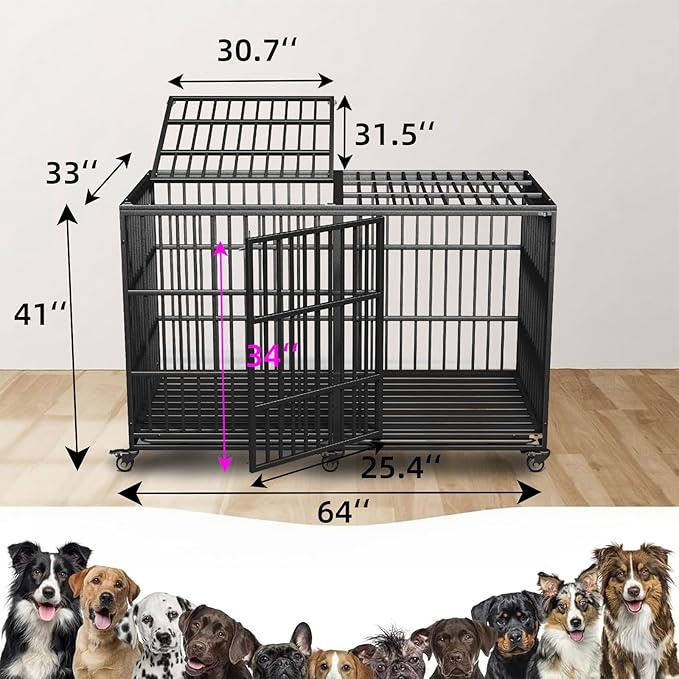 Extra Large Dog Crate for Large Dogs, 64 inches Heavy Duty Dog Crate,Indestructible Dog Kennel for High Anxiety Dogs, Lockable Wheels, Double Door, Removable Tray