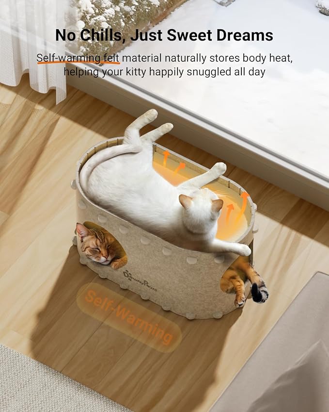 DownyPaws Cat House for Indoor Cats, Cat Bed Cave for Multiple & Large Cats Up to 22 Lbs, Scratch Resistant, Foldable Peekaboo Kitten Caves Tunnel Enclosed Bed, PeekaPurr, Cream