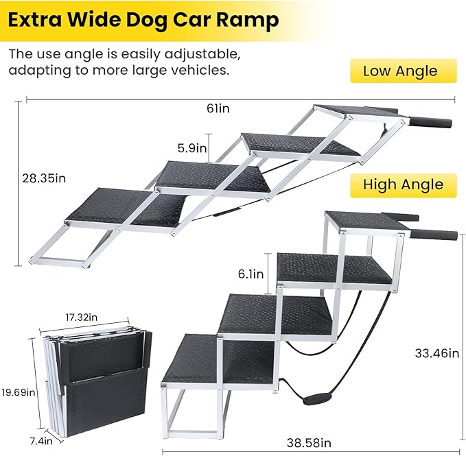 Extra Wide Dog Stairs for Large Dogs, Portable Dog Ramp for Car with Non-Slip Surface, Folding Dog Car Ramp for SUV & Car, Outdoor, Supports up to 250 lbs, 4 Steps