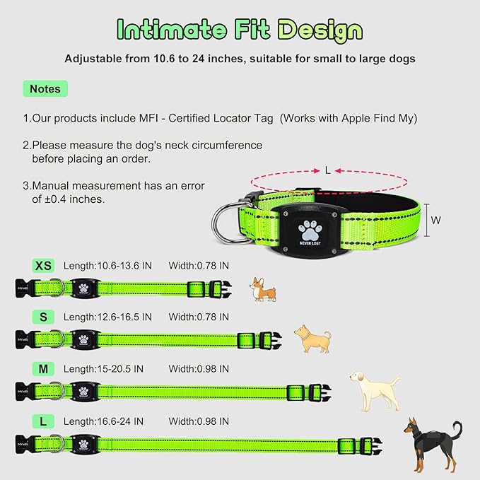GPS Dog Collar Tracker 2-in-1,Reflective Waterproof Pet Collar,iOS-Only,No Monthly Fees,Unlimited Range,Ideal for Dog Tracking pet Tracker,for Small Dogs(S (12.6"-16.5" Width:0.78"), Green)
