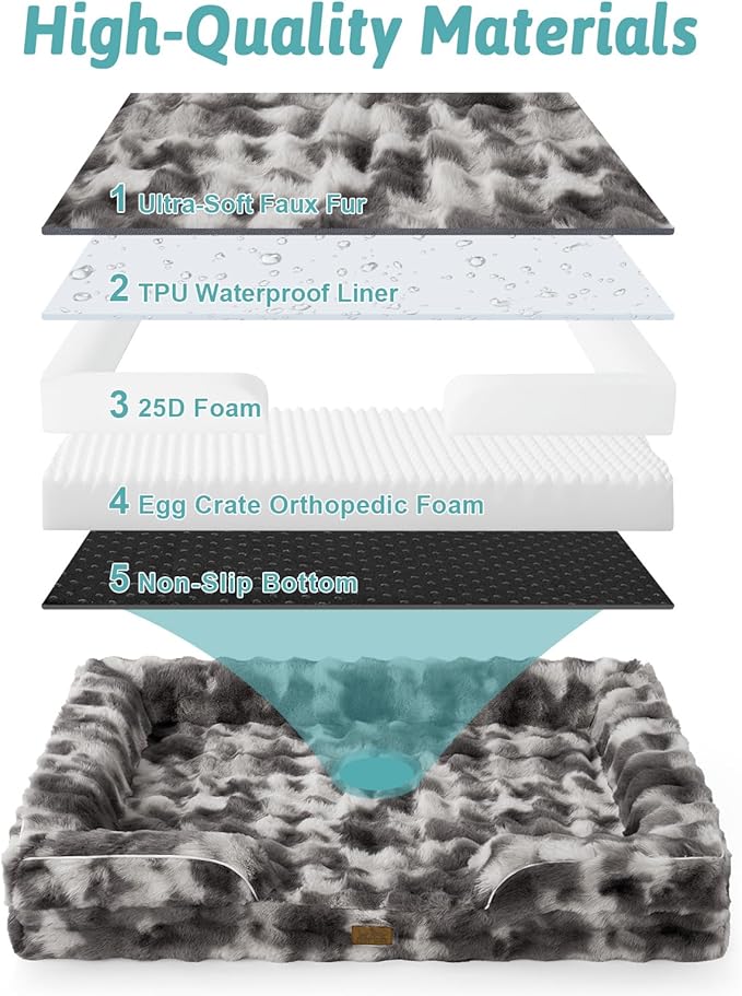 Orthopedic Dog Bed for Large Medium Size Dog, Soft and Warm Faux Fur Sofa for Pet Up to 75 lbs, Foam Bolster Anti-Slip Couch with Washable Removable Cover, L 36x27x6.5 inch, Tie Dye Grey