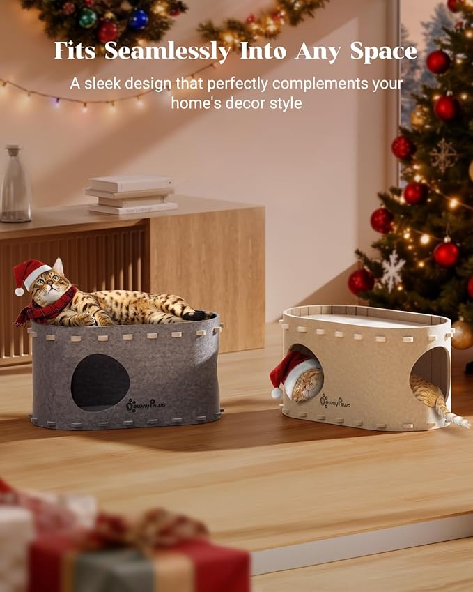 DownyPaws Cat House for Indoor Cats, Cat Bed Cave for Multiple & Large Cats Up to 22 Lbs, Scratch Resistant, Foldable Peekaboo Kitten Caves Tunnel Enclosed Bed, PeekaPurr, Cream