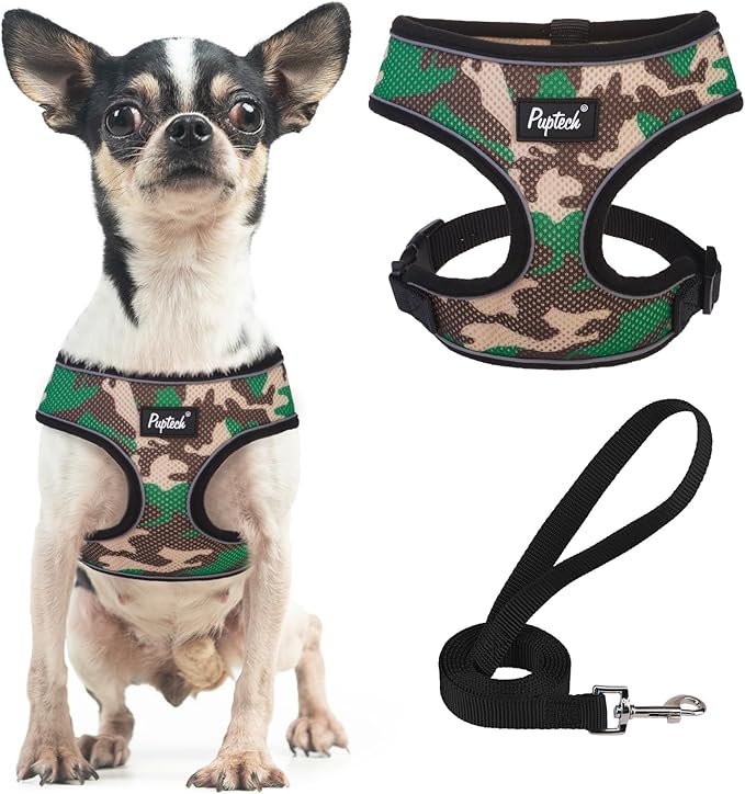 PUPTECK Soft Mesh Dog Harness and Leash Set Pet Puppy Cat Comfort Padded Vest No Pull Harnesses, Camouflage, XS