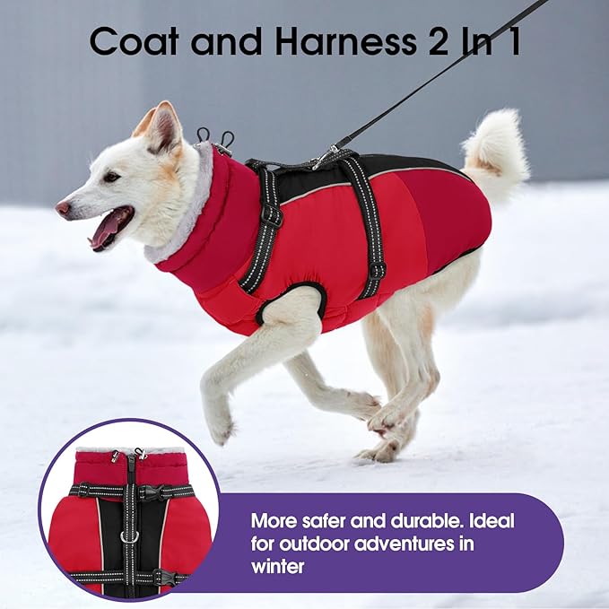 SUNFURA Dog Coat for Small Dogs, Warm Dog Winter Jacket with Harness Built in, Waterproof Pet Snow Jacket Fleece Cold Weather Coats for Puppy Chihuahua, Maltese, Red XS