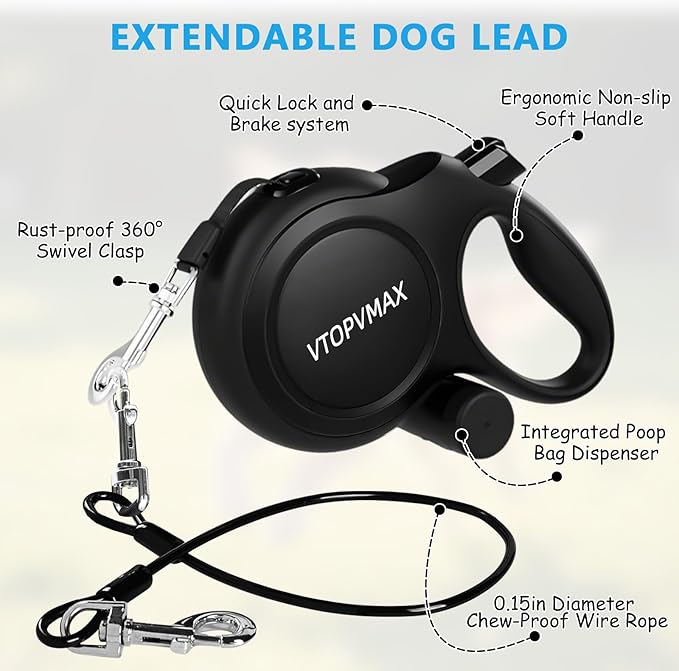 26Ft Retractable Dog Leash for Medium/Large Dogs up to 110lbs, Strong Heavy Duty Retractable Leash with Chew-Proof Cable, 360 Tangle Free, One Hand Brake Lock & Poo Bag Holder (Black)