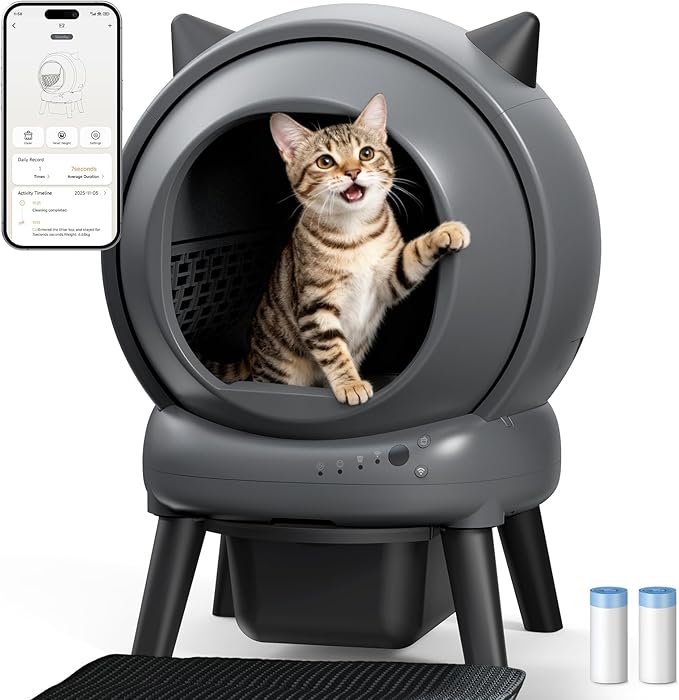 Self Cleaning Litter Box for Cats, Automatic Cat Litter Box with Smart APP Control and Health Monitoring, Includes 2 Roll Trash Bag and Litter Mat, Grey