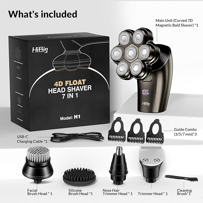 Head Shavers for Bald Men - 7D Arc Electric Razor with Magnetic Detachable Head, Waterproof Wet Dry 5-in-1 Electric Shaving & Grooming Kit, LED Display Rechargeable Head & Body Hair Shaver, Grey