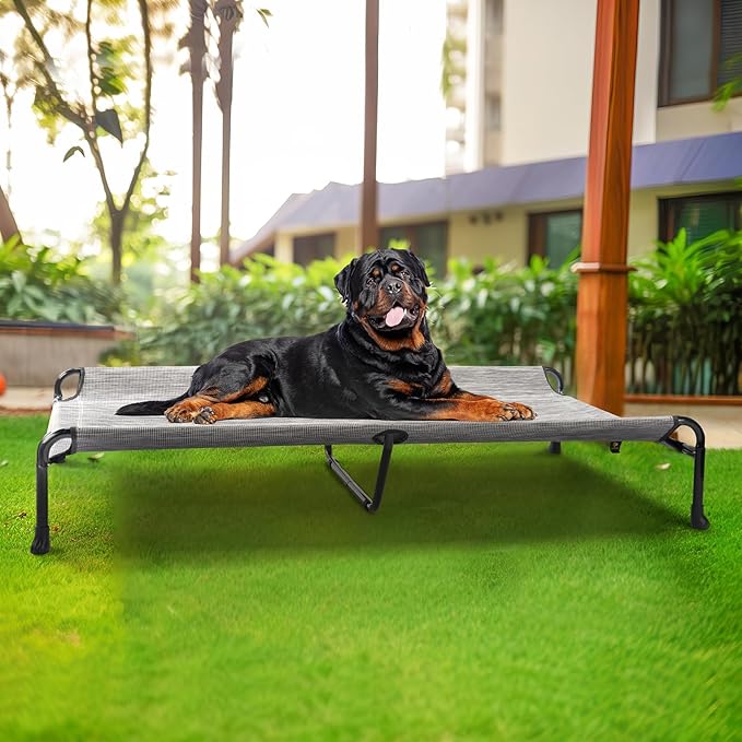 Veehoo Elevated Dog Bed, Raised Dog Cots for Large Dogs, Waterproof Outdoor Dogs Bed, Cooling Pet Hammock with Guardrail, Upgraded Non-Slip Feet, Breathable Teslin Mesh, Black Silver, 47x 29 inches