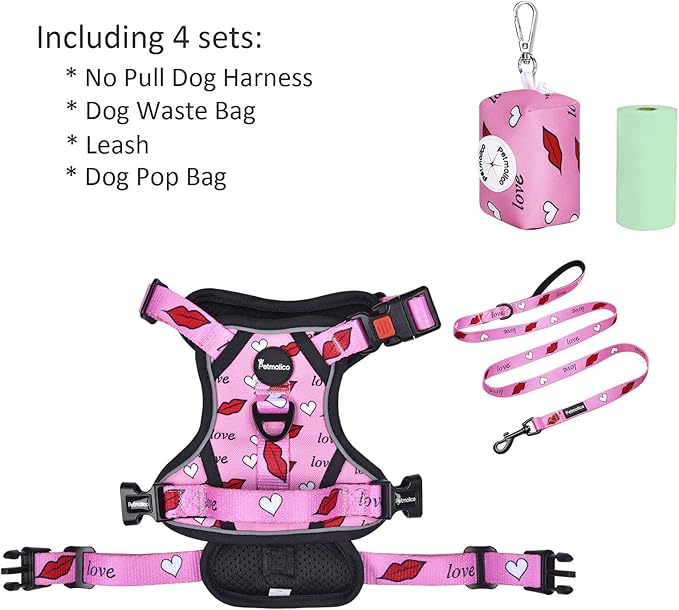 Petmolico No Pull Dog Harness Set with Leash Attachment Easy Control Handle Reflective Harness Vest Small Breed, Puppy Vest and Leash Set with Poop Bag Holder, Medium - Red Lips