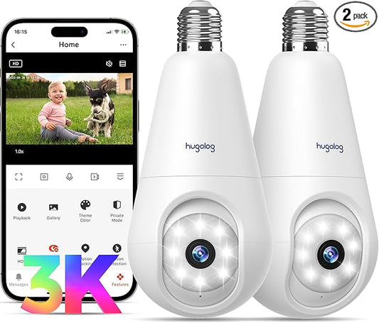 Hugolog 3K 5MP Light Bulb Security Cameras Wireless Outdoor-2.4GHz Cameras for Home Security Indoor with AI Sound Processing, Motion Detection,Color Night Vision,Auto Tracking,Siren Alarm