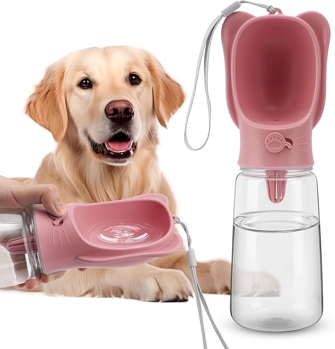 Portable Dogs Water Bottle with Food Storage Container, Leakproof Drinking Water Dispenser Feeder for Outdoor Dog Stuff Accessories Items for Cats, Puppy,for Walking, Hiking (Pink, 550ml)