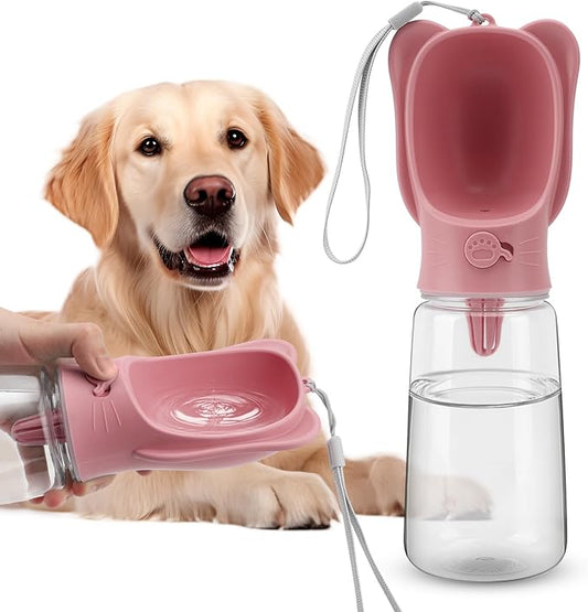 Portable Dogs Water Bottle with Food Storage Container, Leakproof Drinking Water Dispenser Feeder for Outdoor Dog Stuff Accessories Items for Cats, Puppy,for Walking, Hiking (Pink, 550ml)