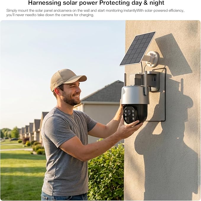 2K Tuya Solar Security Camera, 3MP Wireless Outdoor WiFi Camera w/ 360° PTZ, IP65, Battery Powered Surveillance Home Cam w/ Color Night Vision, PIR Sensor, 2-Way Audio, SD/Cloud Storage, App Alerts