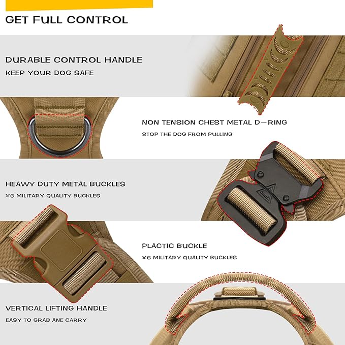 Tactical Dog Backpack Harness for Large Breed Original Design Metal Buckle Vest with Side Bags Pouches for Service Working Training (Khaki (Vest only), M)