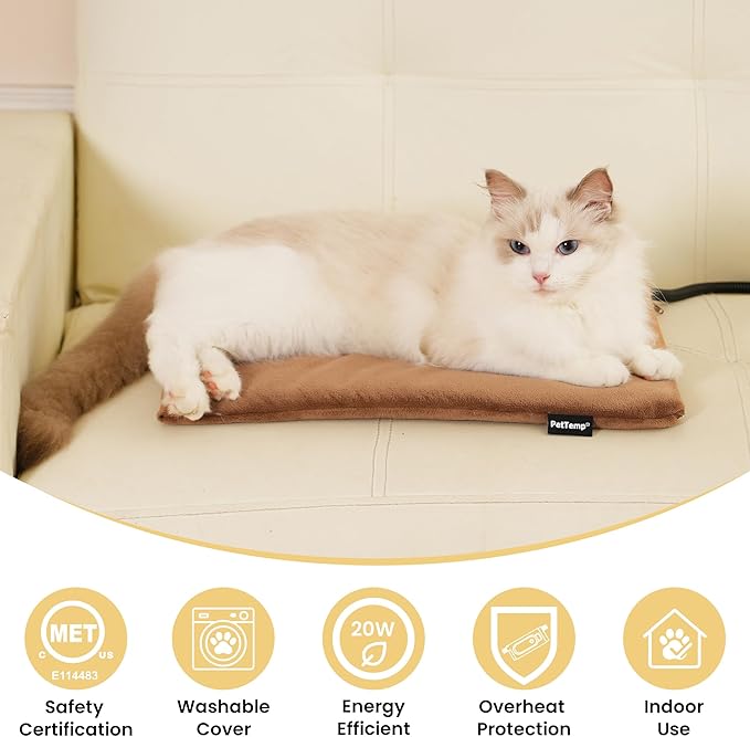 Heated Pet Pad for Dogs and Cats, Waterproof Heating Mat with Chew-Resistant Cord, Constant Warmth for Indoor & Covered Outdoor Use, Multiple Sizes and Colors (Brown, S: 16" × 13" × 1.3")