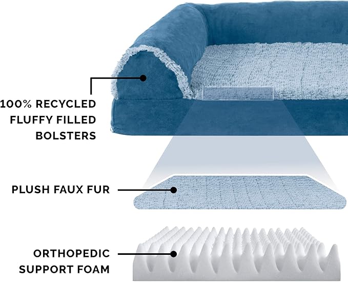 FurHaven Orthopedic Dog Bed for Large Dogs, L-Shaped Chaise Sofa with Orthopedic Egg Crate Foam for Joint Support, Removable Washable Cover, Jumbo XL, Faux Fur & Suede, Marine Blue