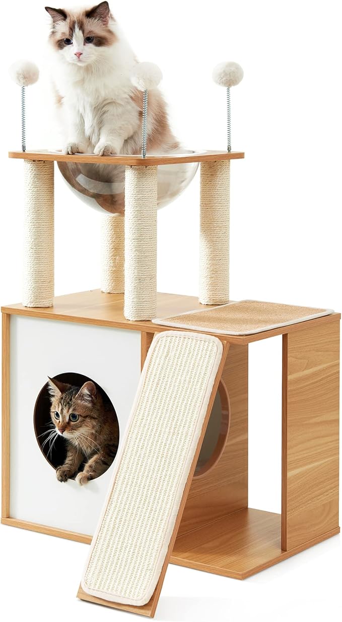 Made4Pets Cat Tree for Indoor Cats, Modern Cat Tower Tall for Large Cats Kitten, Wood Kitty Condo Climbing Furniture Heavy Duty, Vesper Cute Castle with Scratching Post and Ramp