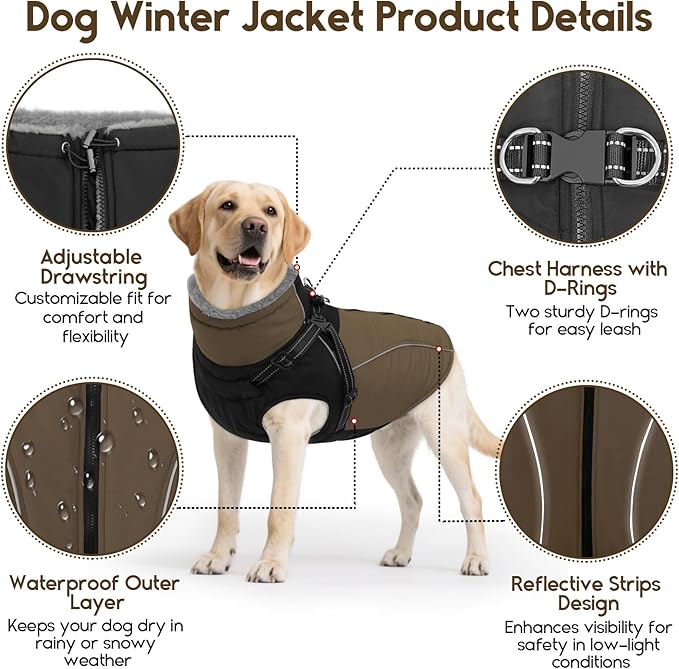 ASENKU Reflective Dog Coat with Built-in Harness, Windproof Fleece-Lined Dog Jacket for Small, Medium, Large Dogs, Warm Winter Vest with Turtleneck & Zipper (Khaki XL)